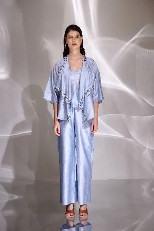 Sky Blue Chanderi Silk Embroidered Shacket & Pants Set Stylish Slim Trousers
