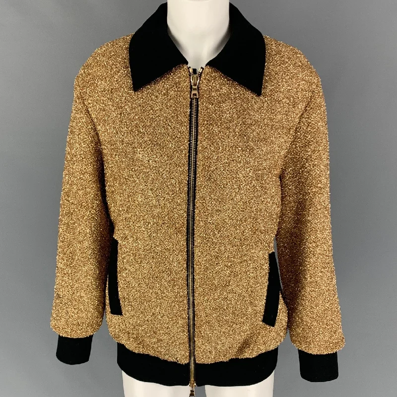 MOSCHINO Size 6 Gold Black Polyester Metallic Zip Up Jacket Collared Jacket Crew Neck Jacket Turtle Neck Jacket MOSCHINO Size 6 Gold Black Polyester Metallic Zip Up Jacket Collared Jacket Crew Neck Jacket Turtle Neck Jacket
