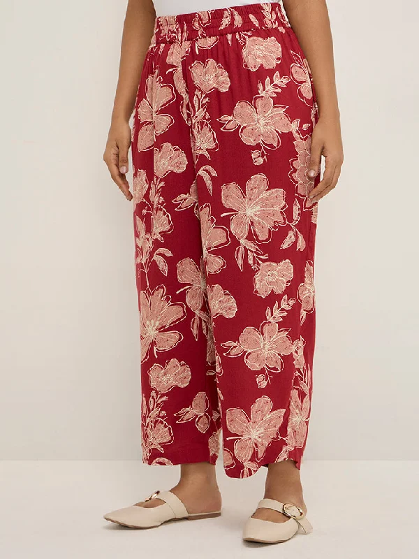 Diza Red Floral Printed Ethnic Pants Trendy Wide-Leg Pants