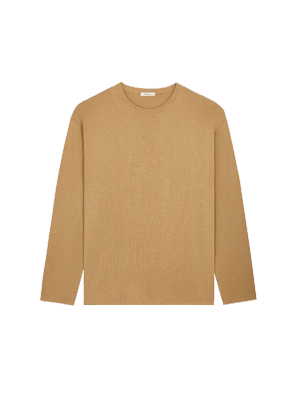 Womens Regenerative Merino Wool Sweater—camel Hooded Caped Shawl Collar