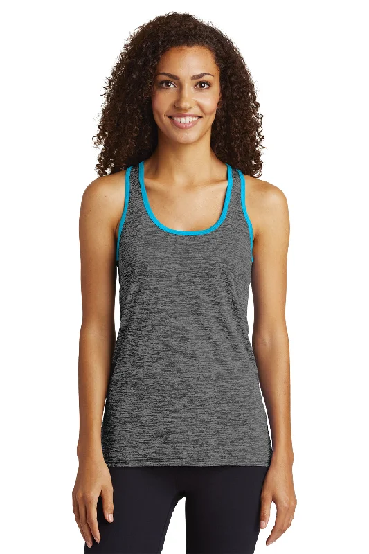 Sport-Tek Womens Electric Heather Moisture Wicking Tank Top - Grey Black Electric/Atomic Blue - Closeout