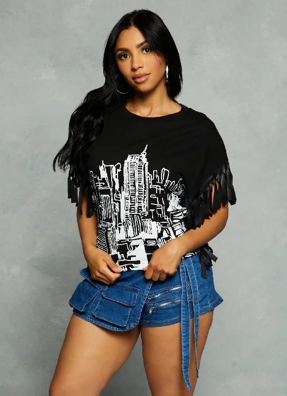 Faux Leather Fringe Skyline Graphic Top