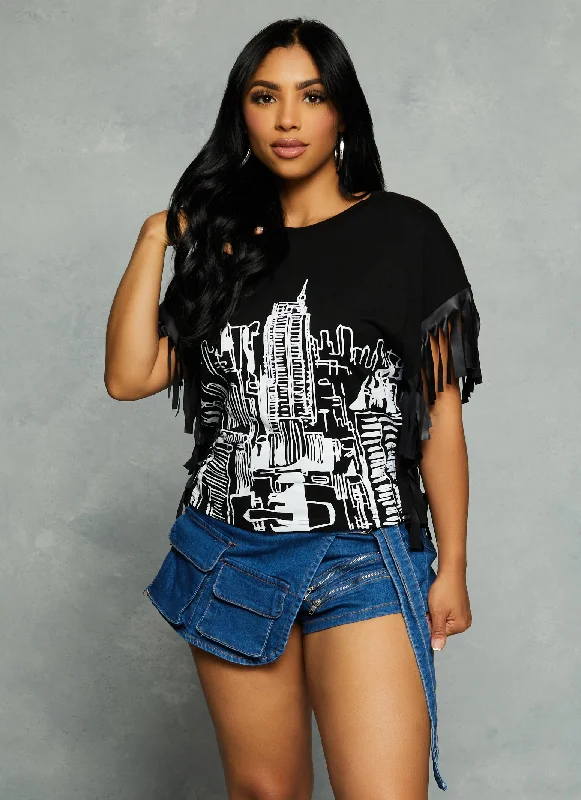 Faux Leather Fringe Skyline Graphic Top